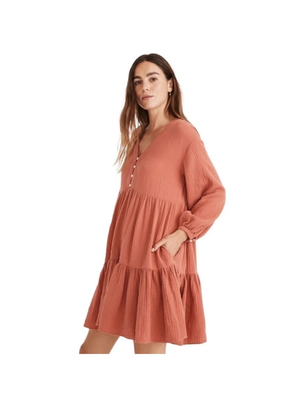 Madewell gauze Colette  Tiered V-Neck Long Sleeve mini Dress in Terracotta sz 8